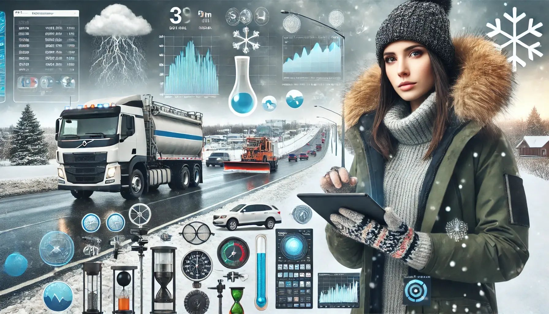 DALL·E 2024-07-05 11.43.52 - A female meteorologist standing by a road with weather equipment, wearing winter clothing including a coat, gloves, and a hat, holding a tablet. The b-1